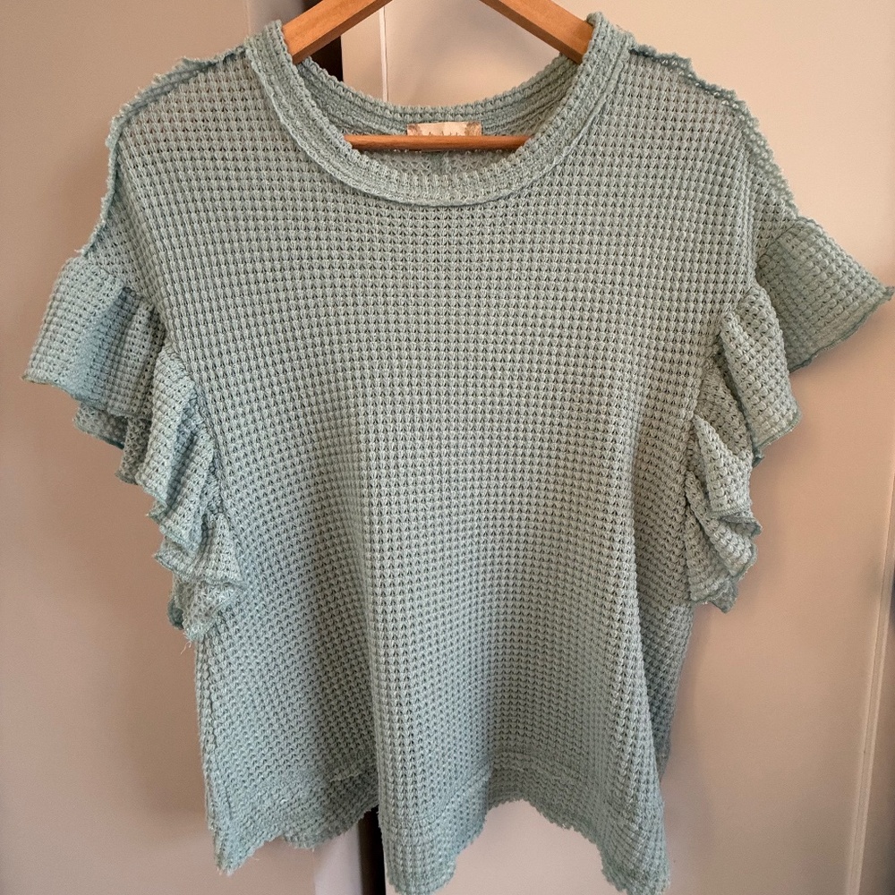 Altar'd State Seafoam Green Waffle Ruffle Sleeve Top